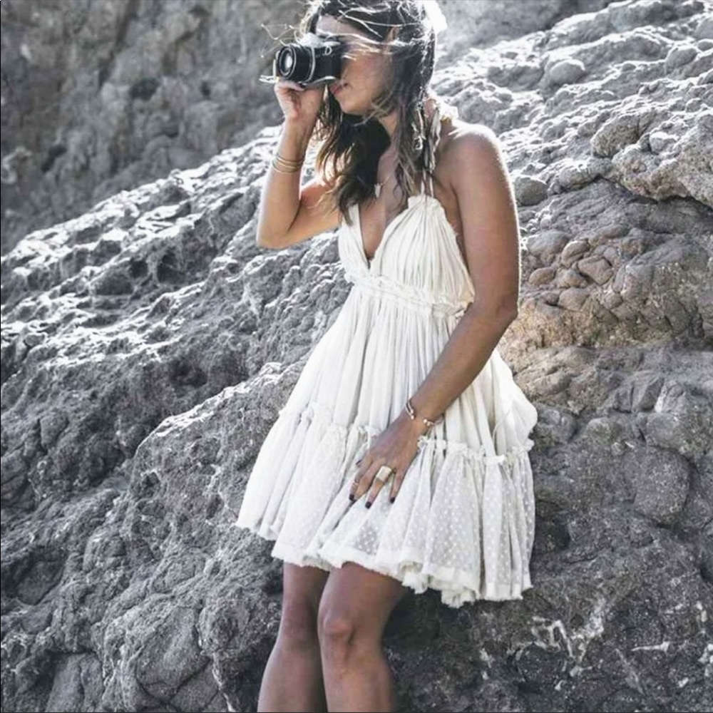 Boho Backless V Halter Swiss Dot Mini Dress Cream - Picture 4 of 7